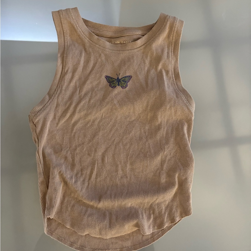 American Eagle Outfitters Tan Tank Top with Butterfly
